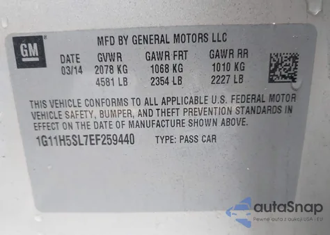 2014 Chevrolet Malibu 1Lz z USA, uszkodzony, nr VIN 1G11H5SL7EF259440